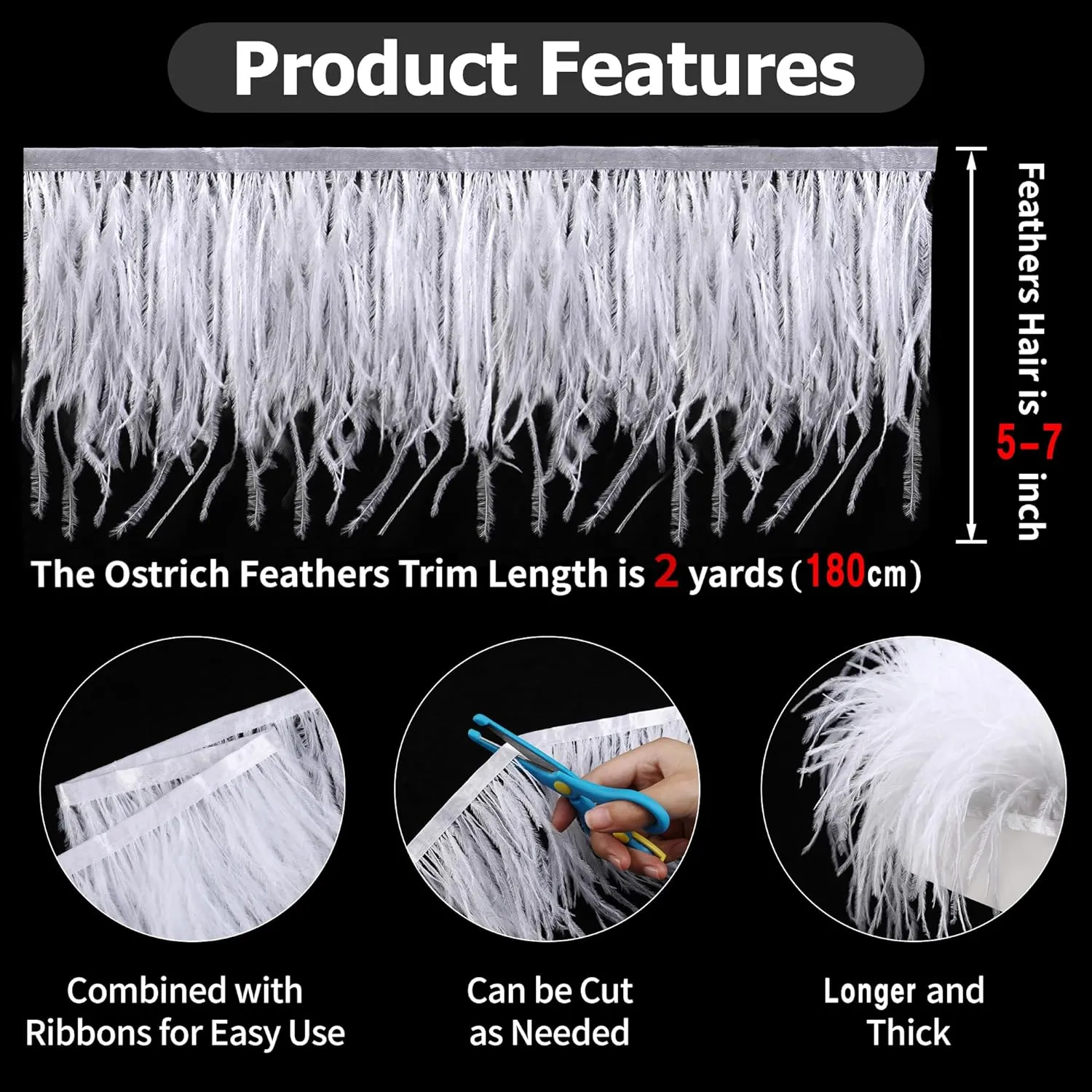 Soarer White Ostrich Feather Trim - 2Yards 5-7inch Feathers Fringe Trim for DIY Sewing Clothing,Wedding,Christmas Home Party(White)