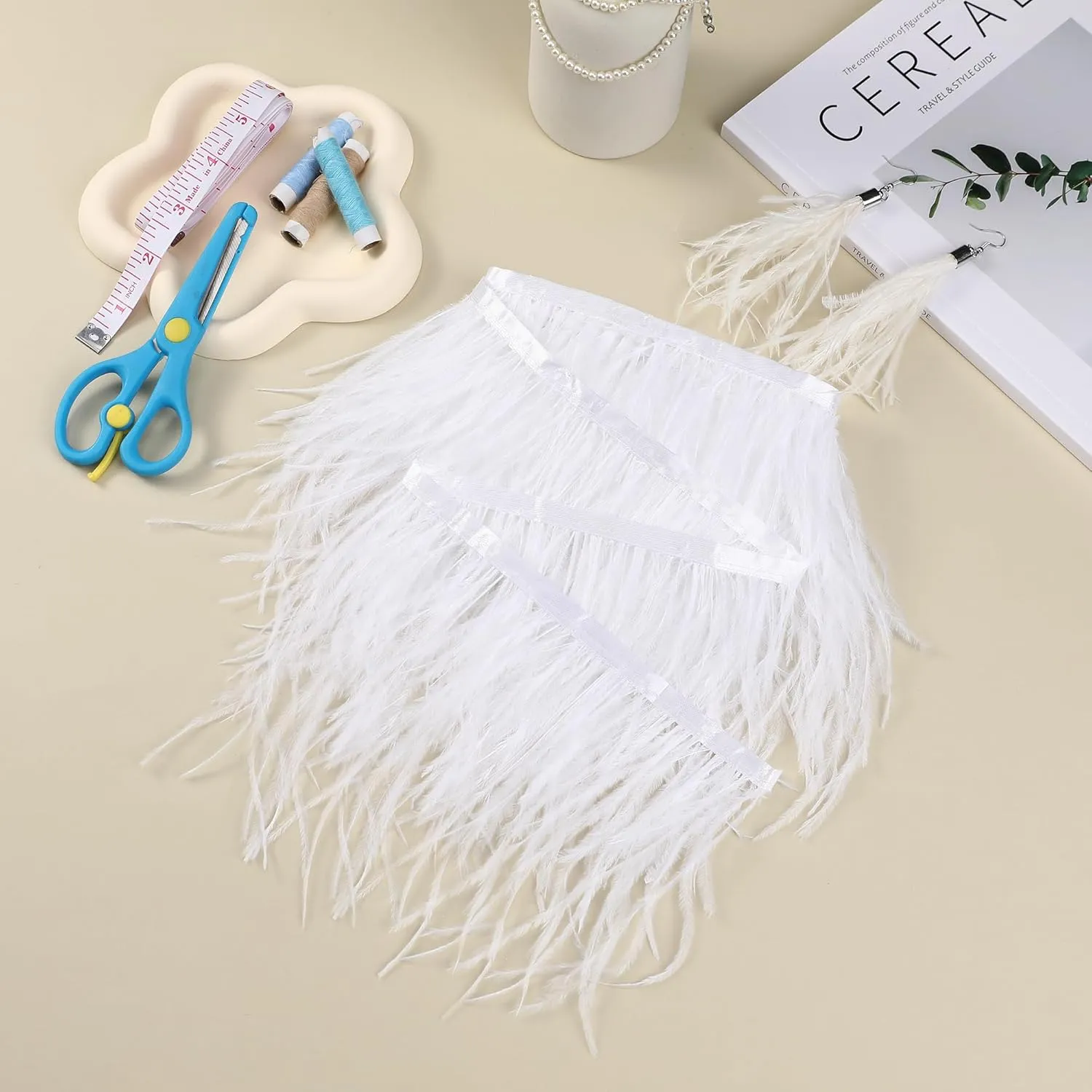 Soarer White Ostrich Feather Trim - 2Yards 5-7inch Feathers Fringe Trim for DIY Sewing Clothing,Wedding,Christmas Home Party(White)