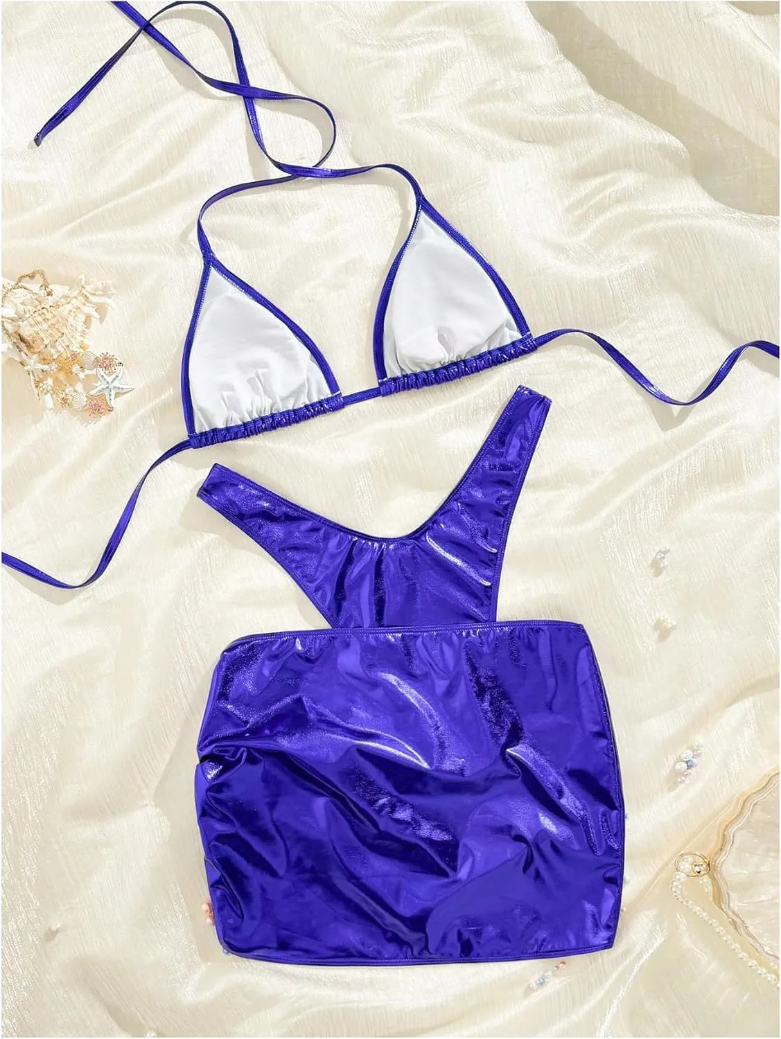 SOLY HUX Women's 3 Piece Swimsuit Metallic Halter Triangle Bikini Set Bathing Suit with Cover Up Beach Skirt