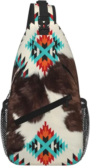 Southwestern Cowhide Aztec Pattern Small Sling Bag For Women Men, Sling Backpack Chest Daypack Crossbody Bag