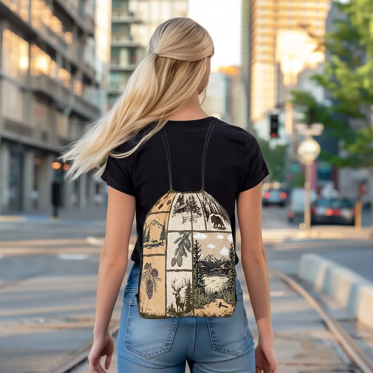 Southwestern Drawstring Backpack 13x15.7 Cabin Drawstring Bags Woodland Patchwork Wildlife Deer Draw String Back Bag Pine Tree Mountain River Retro String Backpack