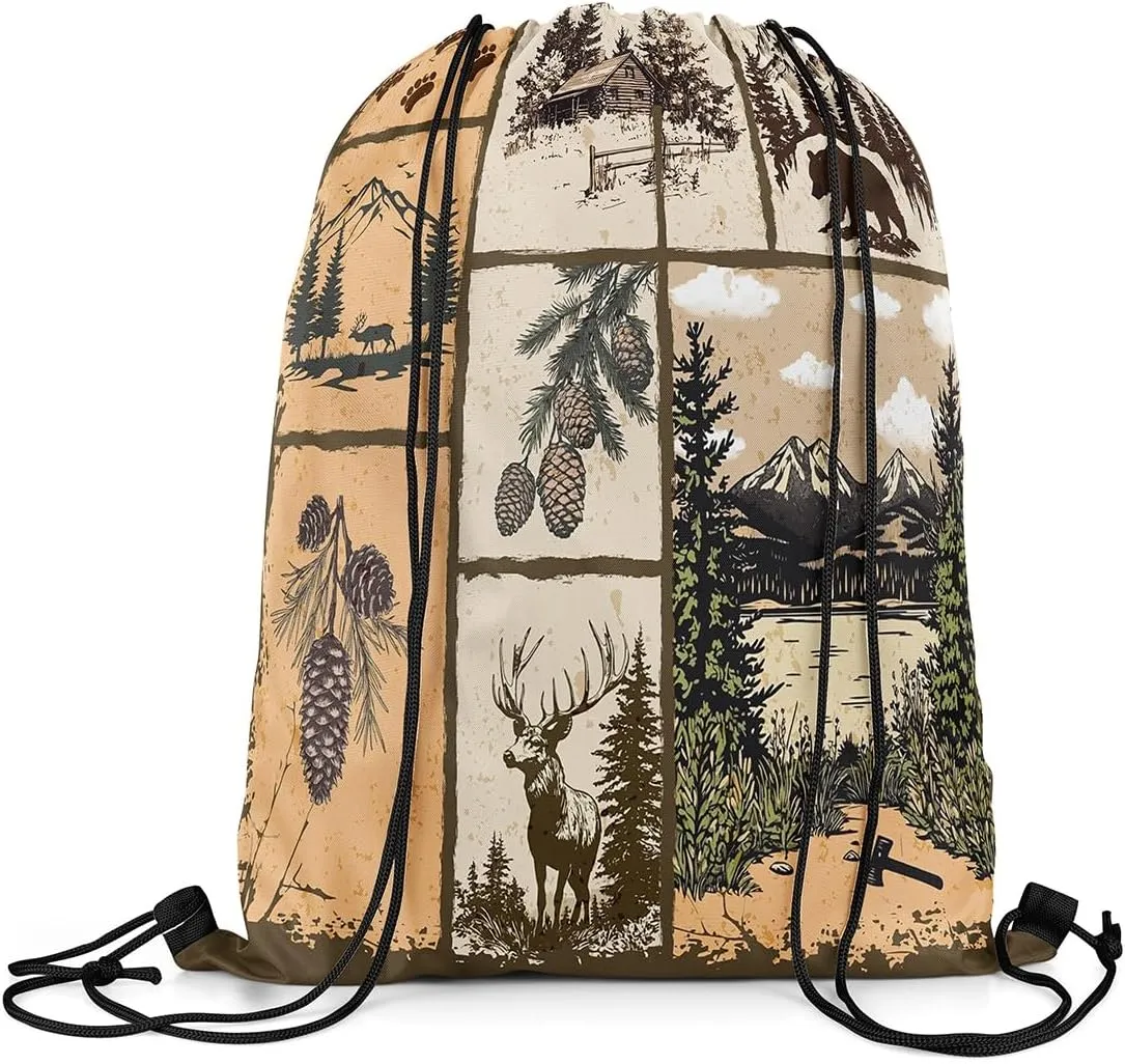 Southwestern Drawstring Backpack 13x15.7 Cabin Drawstring Bags Woodland Patchwork Wildlife Deer Draw String Back Bag Pine Tree Mountain River Retro String Backpack