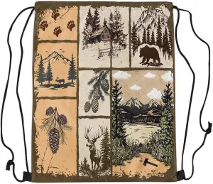 Southwestern Drawstring Backpack 13x15.7 Cabin Drawstring Bags Woodland Patchwork Wildlife Deer Draw String Back Bag Pine Tree Mountain River Retro String Backpack