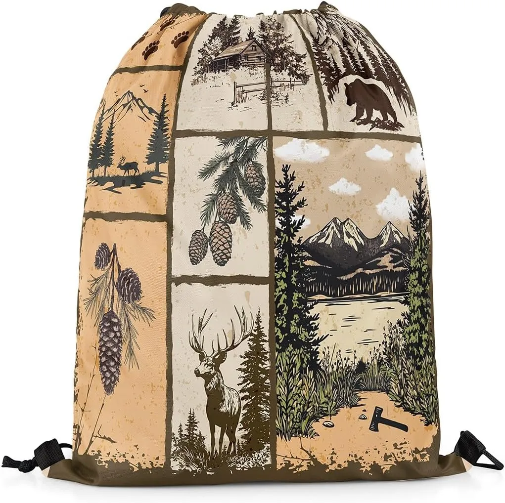 Southwestern Drawstring Backpack 13x15.7 Cabin Drawstring Bags Woodland Patchwork Wildlife Deer Draw String Back Bag Pine Tree Mountain River Retro String Backpack