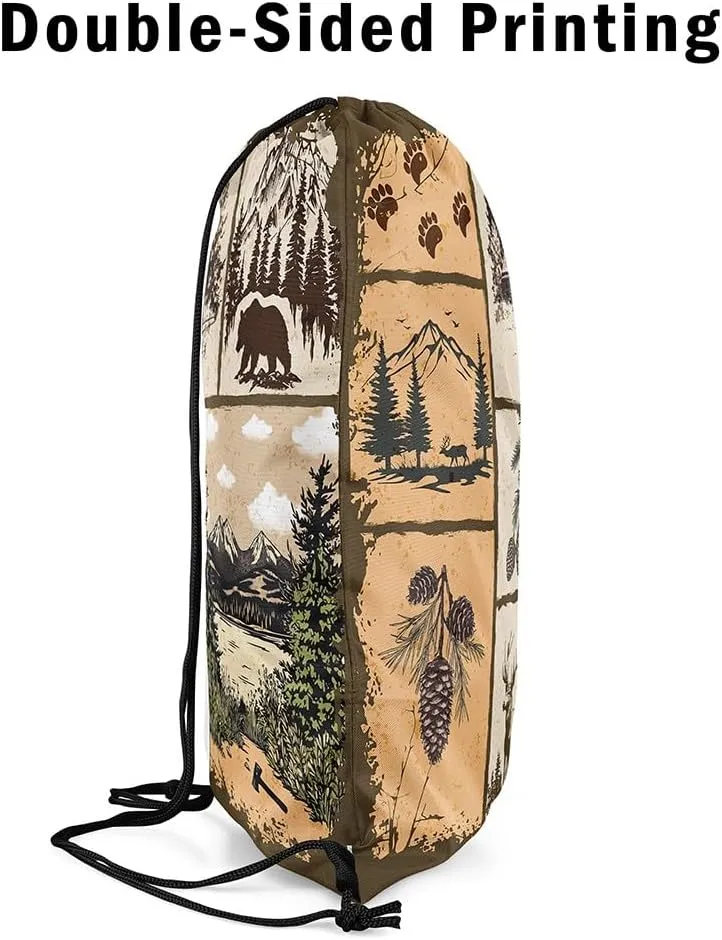 Southwestern Drawstring Backpack 13x15.7 Cabin Drawstring Bags Woodland Patchwork Wildlife Deer Draw String Back Bag Pine Tree Mountain River Retro String Backpack