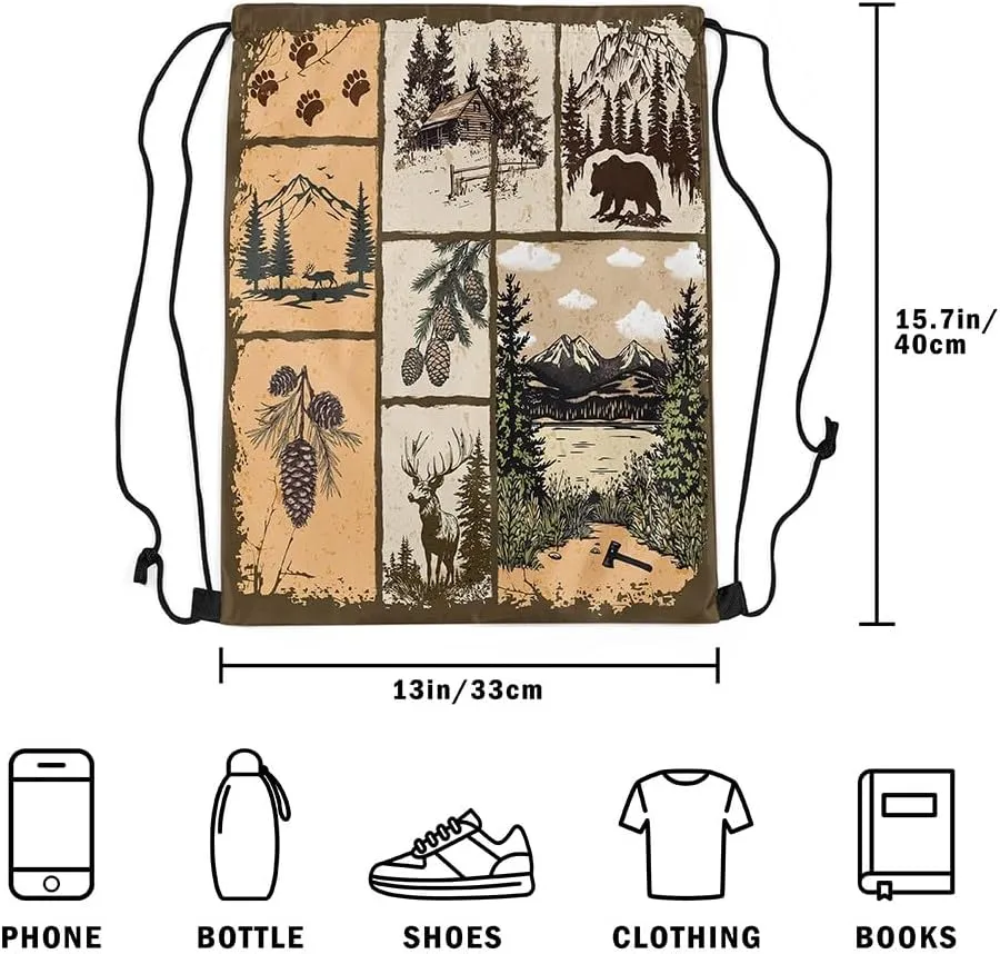 Southwestern Drawstring Backpack 13x15.7 Cabin Drawstring Bags Woodland Patchwork Wildlife Deer Draw String Back Bag Pine Tree Mountain River Retro String Backpack