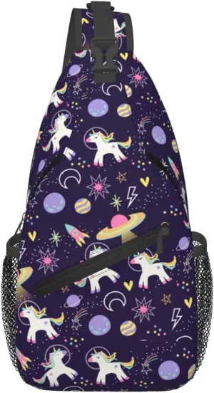 Space Planets Rainbow Unicorns Chest Sling Bag Crossbody Shoulder Backpack Bag Gym Cycling Travel Hiking Daypack Cross Bag