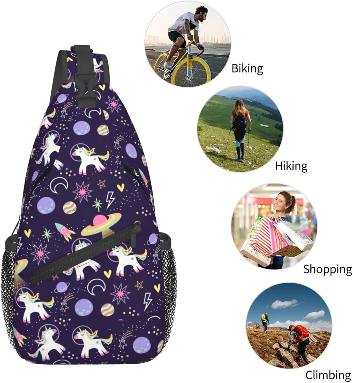 Space Planets Rainbow Unicorns Chest Sling Bag Crossbody Shoulder Backpack Bag Gym Cycling Travel Hiking Daypack Cross Bag