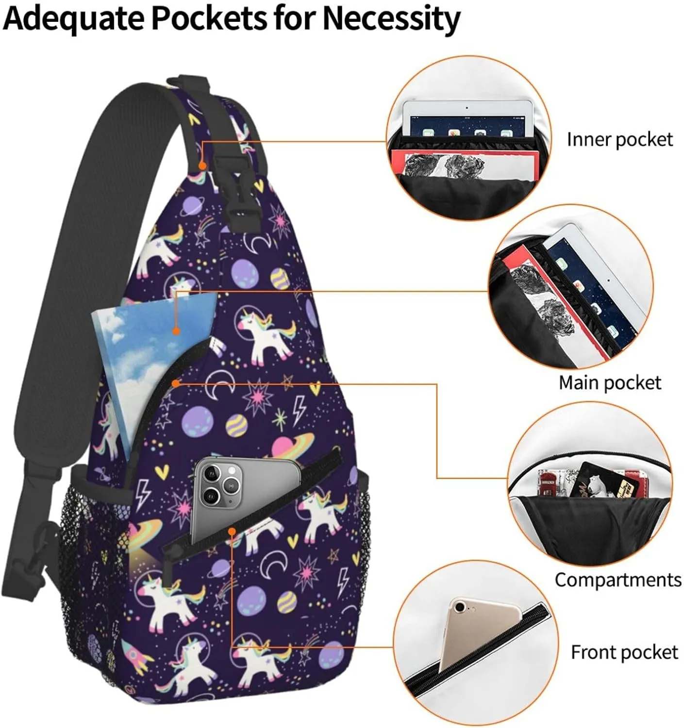 Space Planets Rainbow Unicorns Chest Sling Bag Crossbody Shoulder Backpack Bag Gym Cycling Travel Hiking Daypack Cross Bag