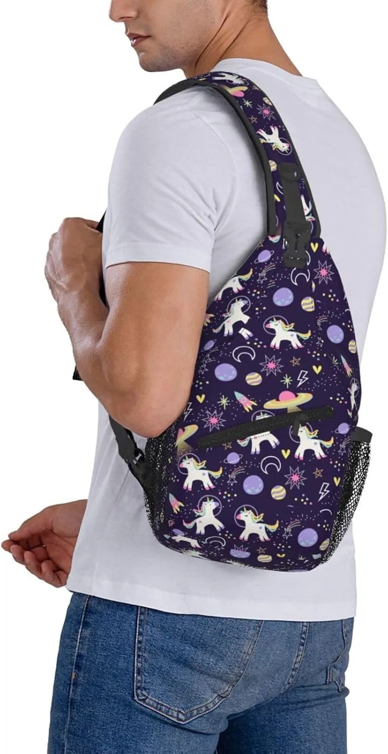 Space Planets Rainbow Unicorns Chest Sling Bag Crossbody Shoulder Backpack Bag Gym Cycling Travel Hiking Daypack Cross Bag