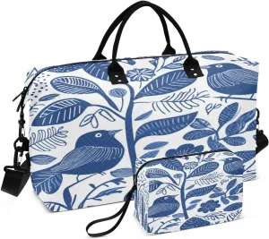 Sparrow Flower Leaves Indigo Sports Gym Bag for Women Men Travel Duffel Bag Weekend Overnight Carry on Bag with Toiletry Bag Yoga Bag for Plane Hospital Workout Swimming Yoga
