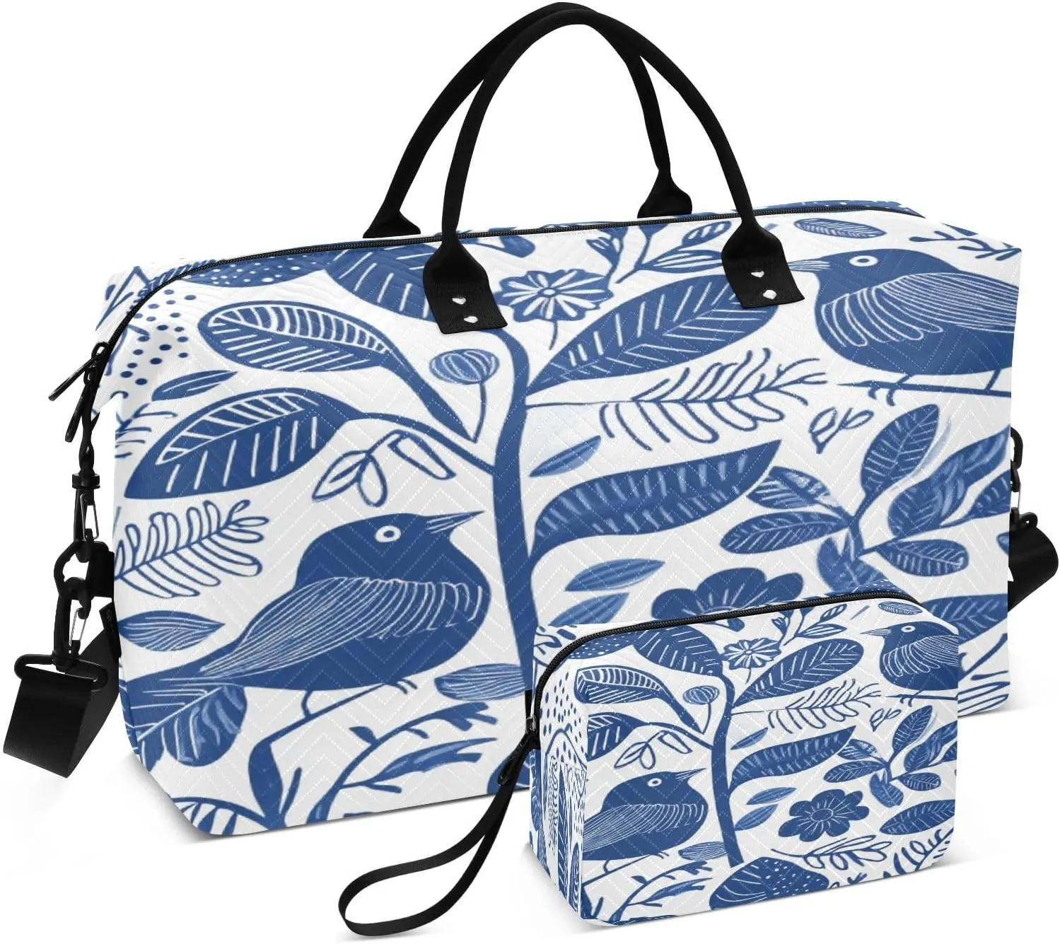 Sparrow Flower Leaves Indigo Sports Gym Bag for Women Men Travel Duffel Bag Weekend Overnight Carry on Bag with Toiletry Bag Yoga Bag for Plane Hospital Workout Swimming Yoga