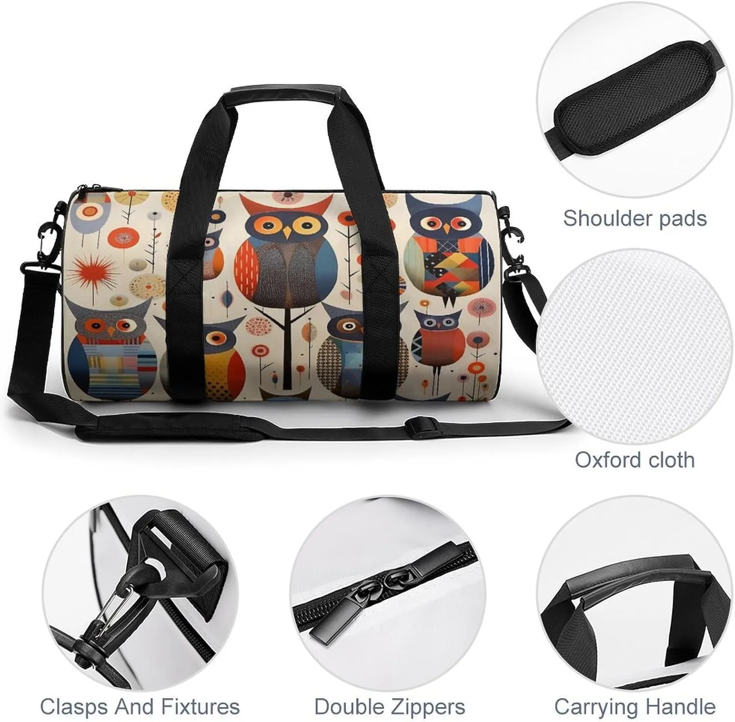 Sports Gym Bag for Women Men Travel Duffel Bag Tote Weekender Bag Patchwork Owl Carry on Overnight Bag for Travel Swimming Fitness Workout Sports Duffle Bag