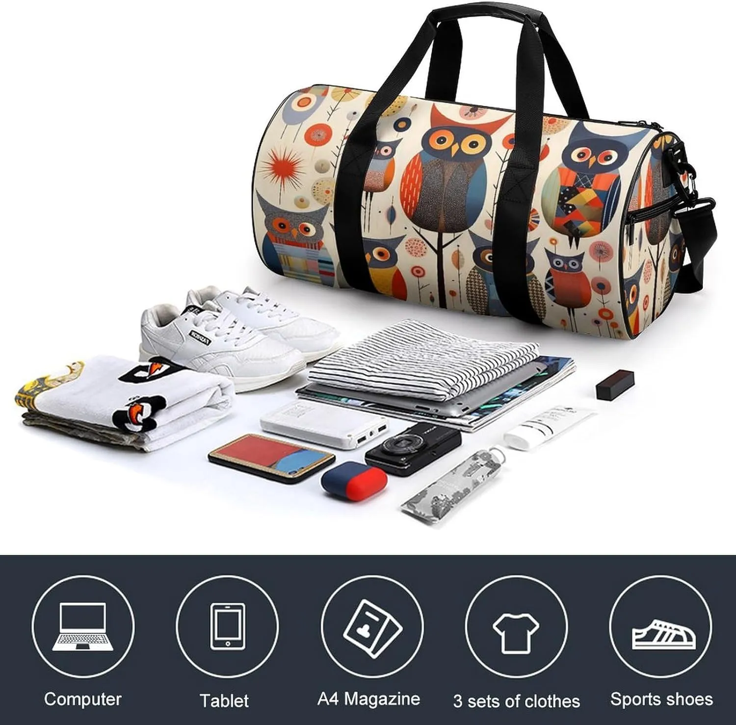 Sports Gym Bag for Women Men Travel Duffel Bag Tote Weekender Bag Patchwork Owl Carry on Overnight Bag for Travel Swimming Fitness Workout Sports Duffle Bag
