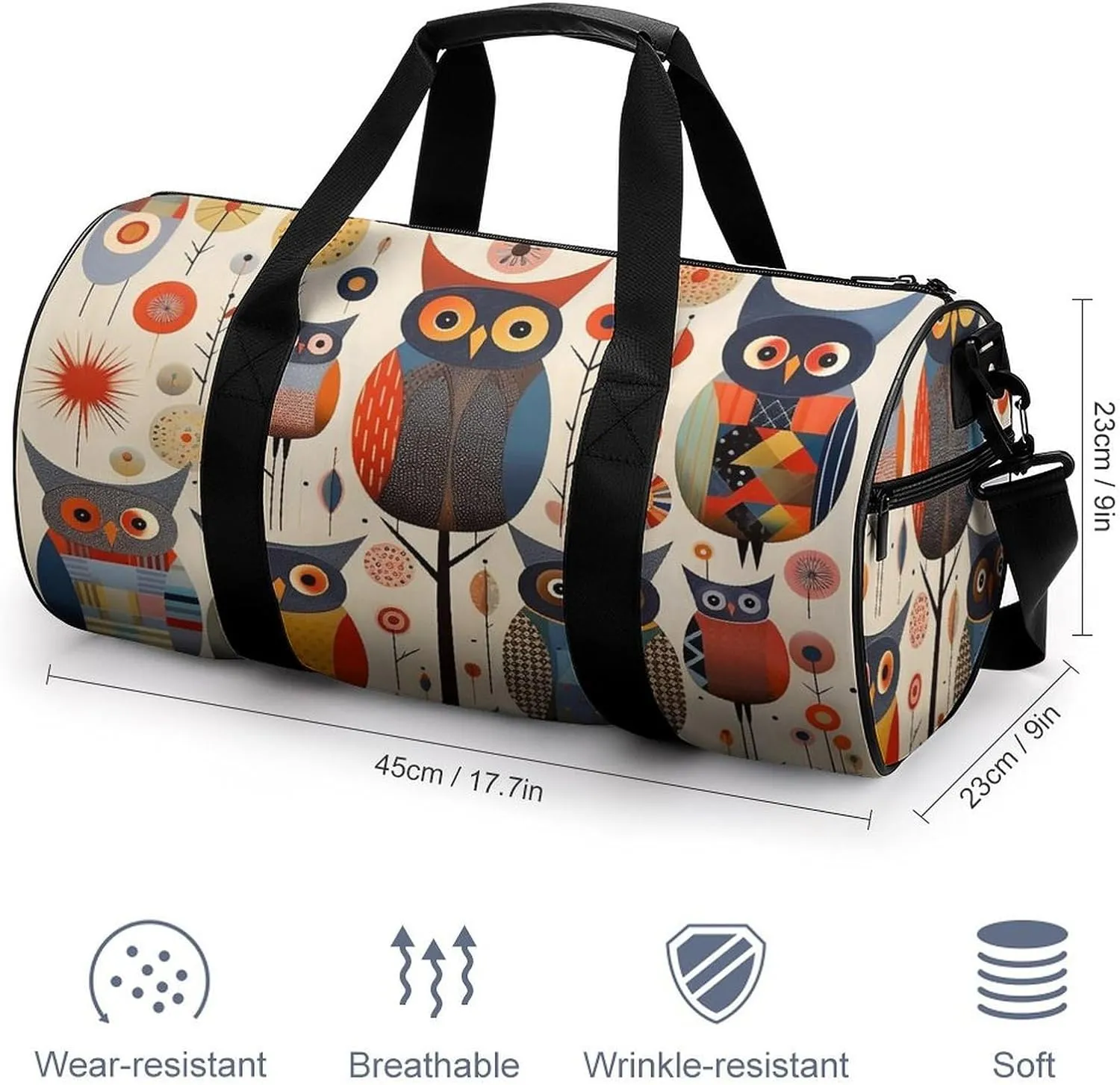 Sports Gym Bag for Women Men Travel Duffel Bag Tote Weekender Bag Patchwork Owl Carry on Overnight Bag for Travel Swimming Fitness Workout Sports Duffle Bag
