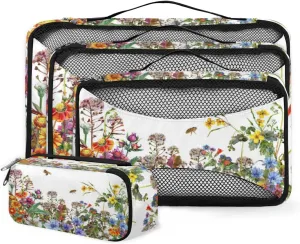 Spring Wildflowers Floral 4 Piece Packing Travel Organizer Cubes Set Mesh Fabric Ventilate Design Lightweight Travel Accessories 4 Sizes (Extra Large, Large, Medium, Small)