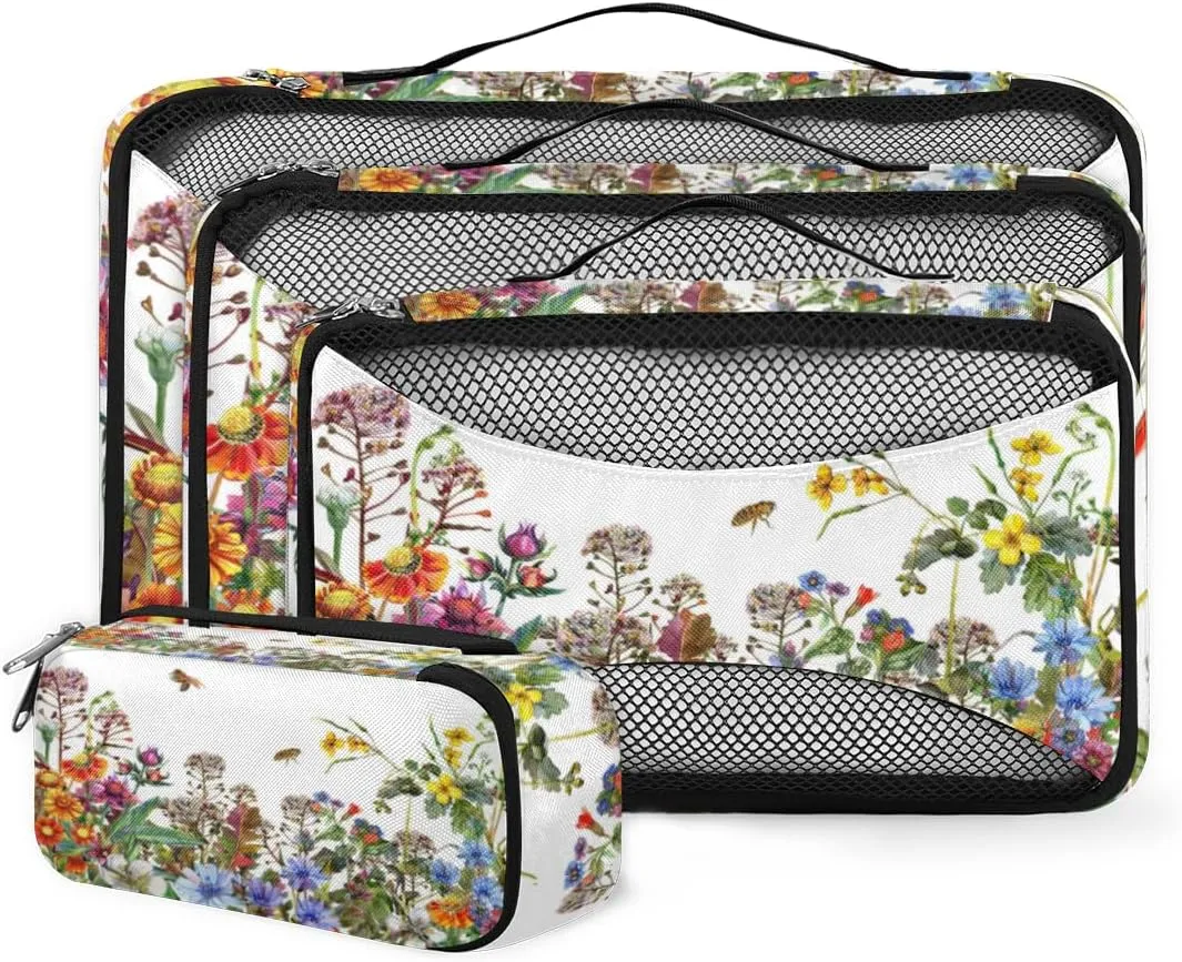 Spring Wildflowers Floral 4 Piece Packing Travel Organizer Cubes Set Mesh Fabric Ventilate Design Lightweight Travel Accessories 4 Sizes (Extra Large, Large, Medium, Small)