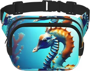 Square Double Layer Waist Bag - Crossbody Bag/Adjustable Strap Chest,for Travel Workout Running print Seabed coral seahorse