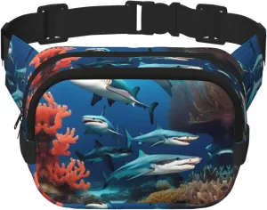 Square Double Layer Waist Bag - Crossbody Bag/Adjustable Strap Chest,for Travel Workout Running print Submarine shark coral