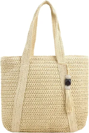Straw Bags for Women Beach Bag Woven Tote Bag Shoulder Handbag Boho Straw Purse 2025 Large Beach Bag with Tassels for Vacation Beige