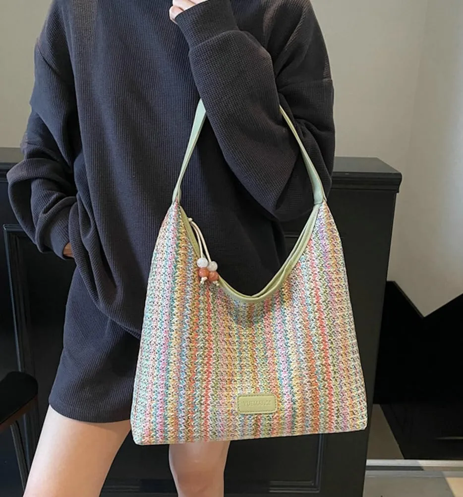 Straw Beach Bag Cute Tote Bag with Zipper Large Handbag Shoulder Purse Top-handle Slouchy Bag 2025