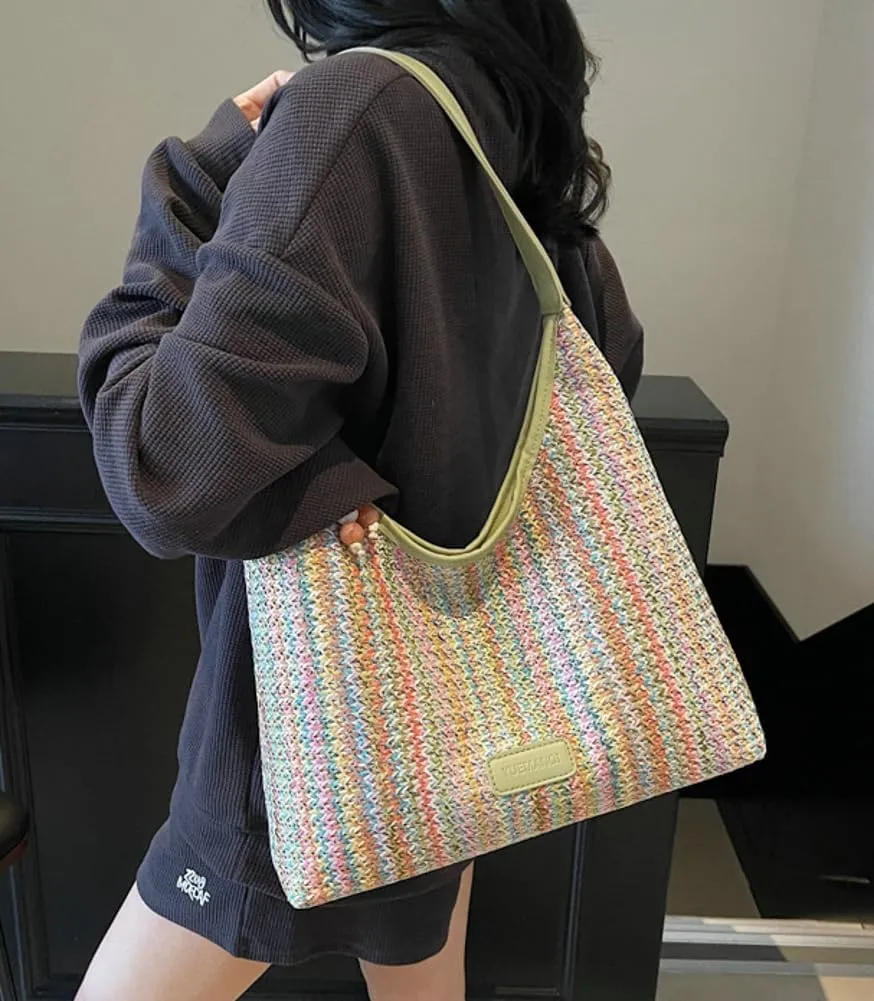 Straw Beach Bag Cute Tote Bag with Zipper Large Handbag Shoulder Purse Top-handle Slouchy Bag 2025