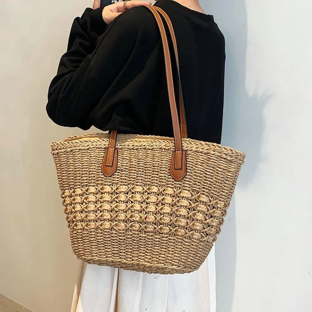 Straw Beach Bags Tote Tassels Bag Hobo Summer Handwoven Shoulder Bags Purse With Pom Poms