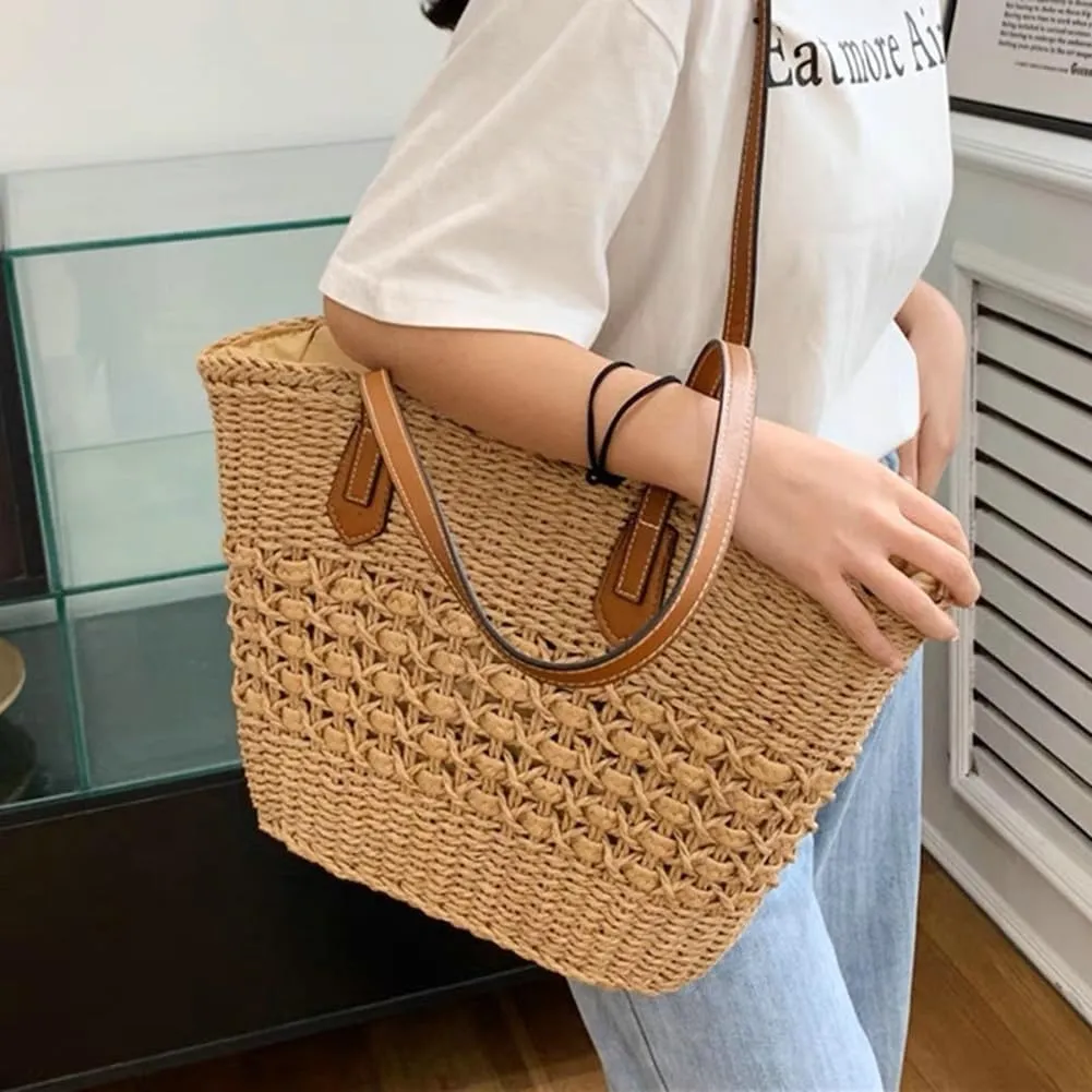 Straw Beach Bags Tote Tassels Bag Hobo Summer Handwoven Shoulder Bags Purse With Pom Poms