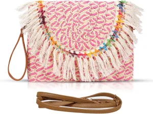 Straw Clutch Purses, Crossbody Bags for Women, Pink Purse, Knitted Envelope Package, Bohemian Clashing tassels Handbags, Shoulder bag Suitable for Beach, Travel, Daily Matching