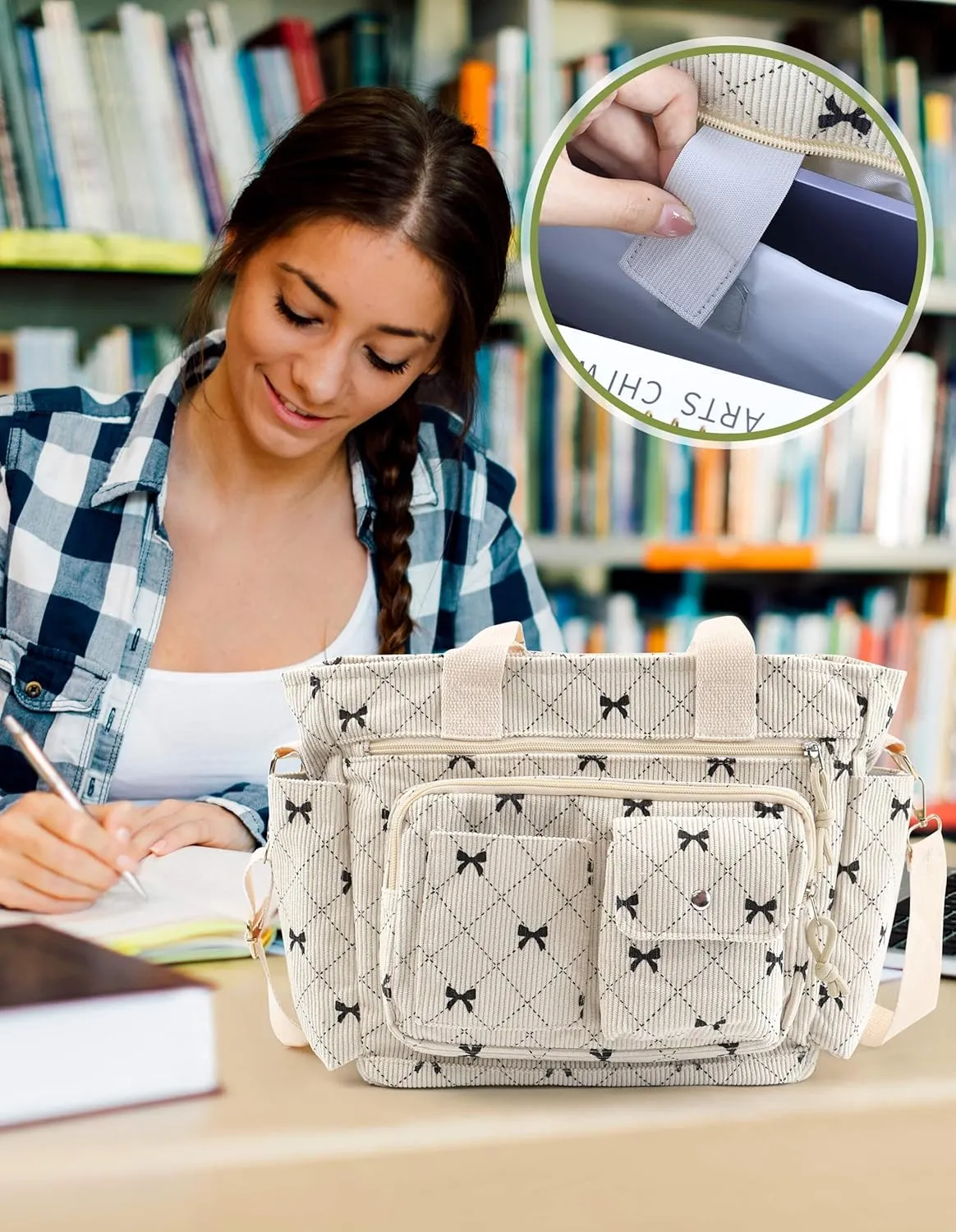 Strawberry Tote Bag Bow Bag With Multi Pocket Women Girls Crossbody Corduroy Handbags Purse Work Travel