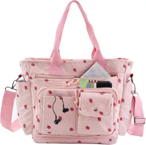 Strawberry Tote Bag Bow Bag With Multi Pocket Women Girls Crossbody Corduroy Handbags Purse Work Travel