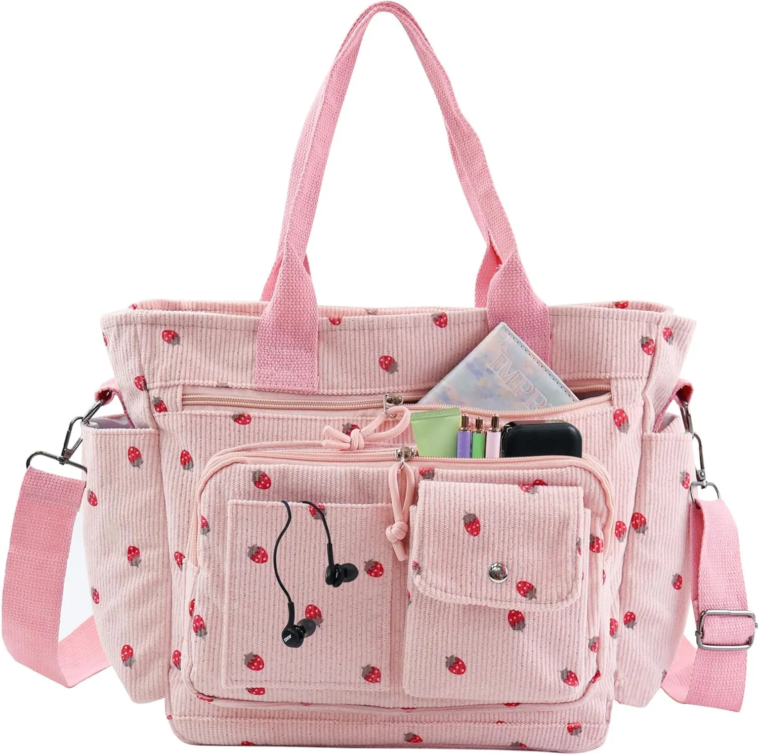 Strawberry Tote Bag Bow Bag With Multi Pocket Women Girls Crossbody Corduroy Handbags Purse Work Travel