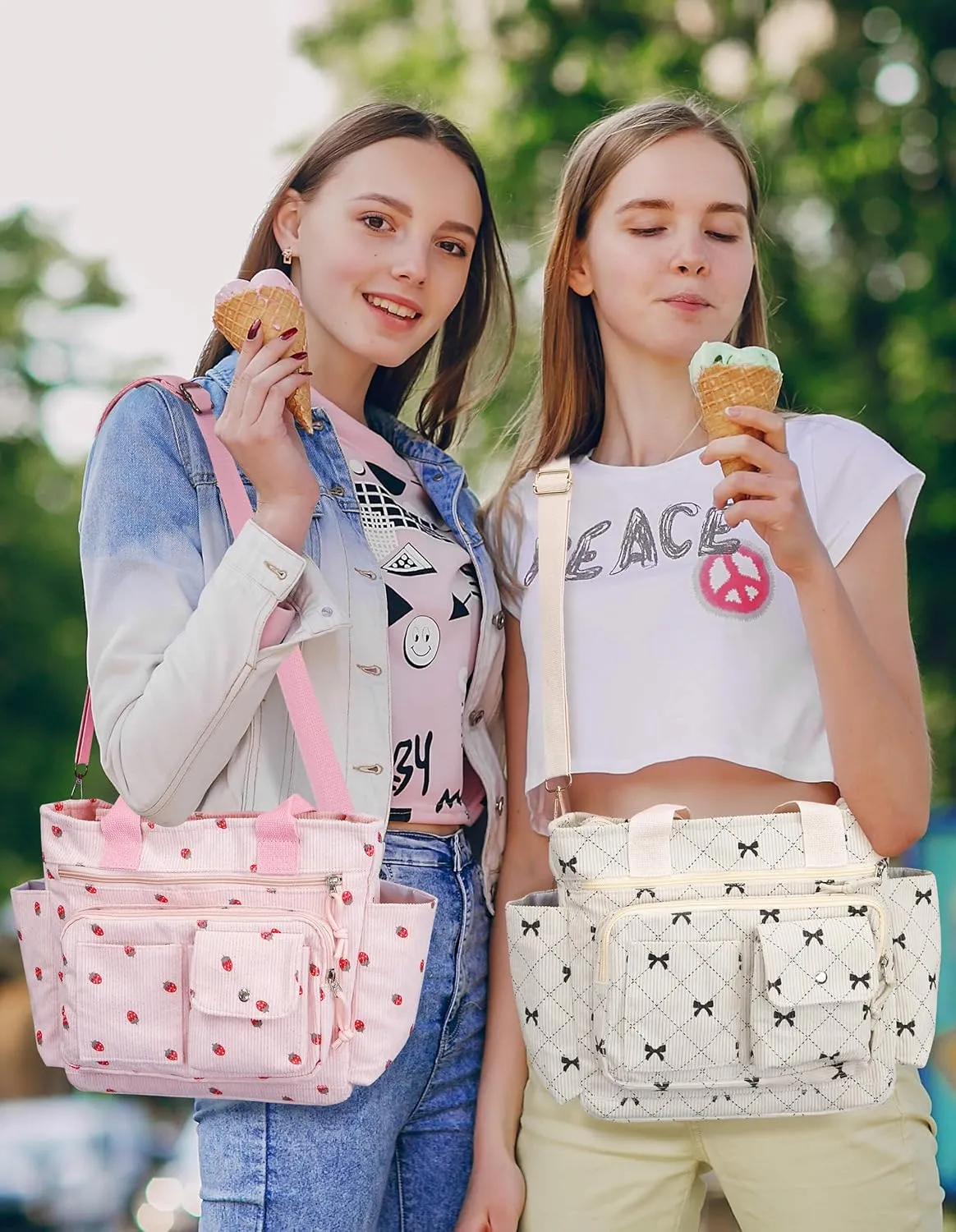 Strawberry Tote Bag Bow Bag With Multi Pocket Women Girls Crossbody Corduroy Handbags Purse Work Travel