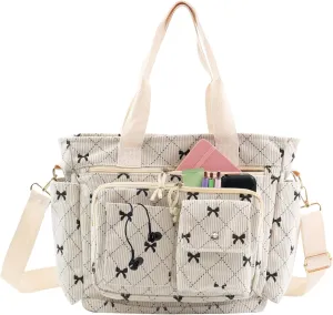 Strawberry Tote Bag Bow Bag With Multi Pocket Women Girls Crossbody Corduroy Handbags Purse Work Travel