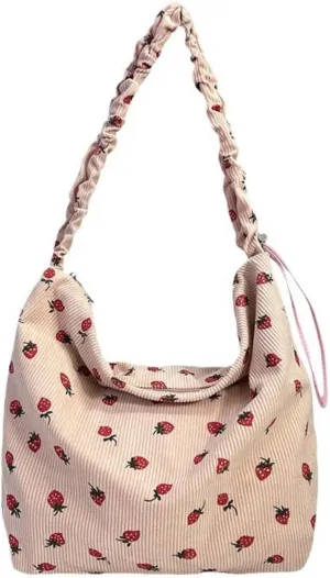 Strawberry Tote Bag for Women Corduroy Drawstring Crossbody Bag Cute Strawberry Purse Shoulder Bags Casual Bags