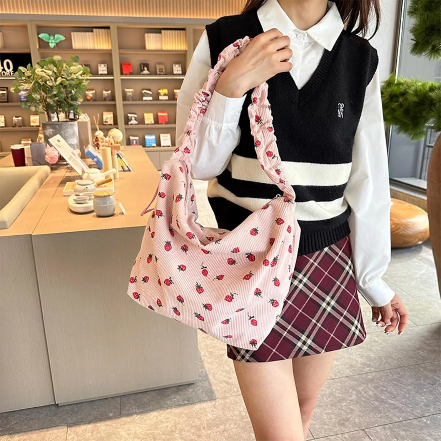 Strawberry Tote Bag for Women Corduroy Drawstring Crossbody Bag Cute Strawberry Purse Shoulder Bags Casual Bags