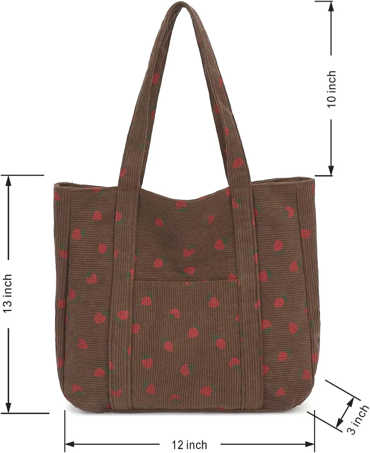 Strawberry Tote Bag With Zipper, Cute Corduroy Tote Bags For School, Large Work Bags For Women