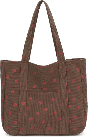 Strawberry Tote Bag With Zipper, Cute Corduroy Tote Bags For School, Large Work Bags For Women