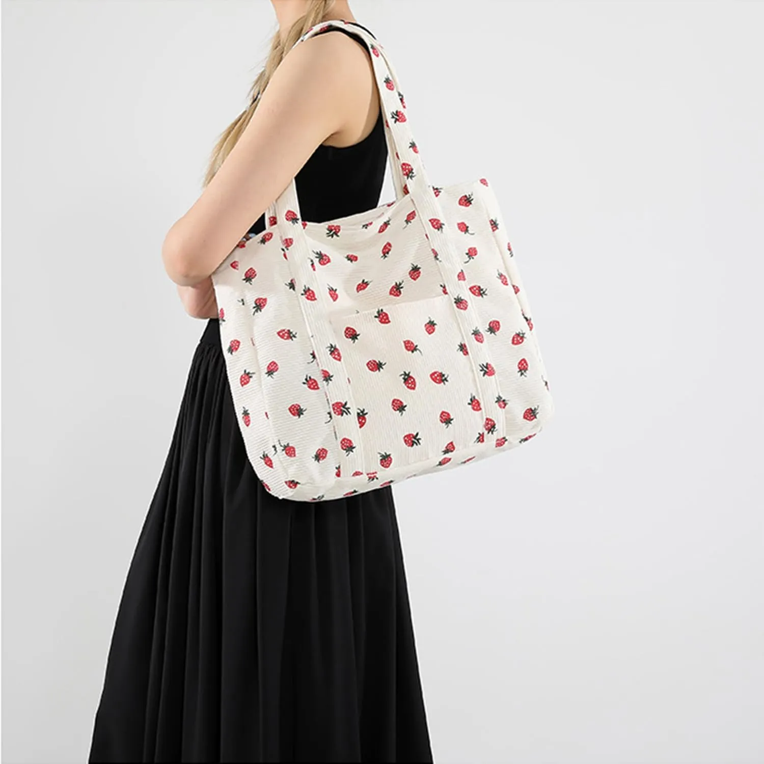 Strawberry Tote Bag With Zipper, Cute Corduroy Tote Bags For School, Large Work Bags For Women