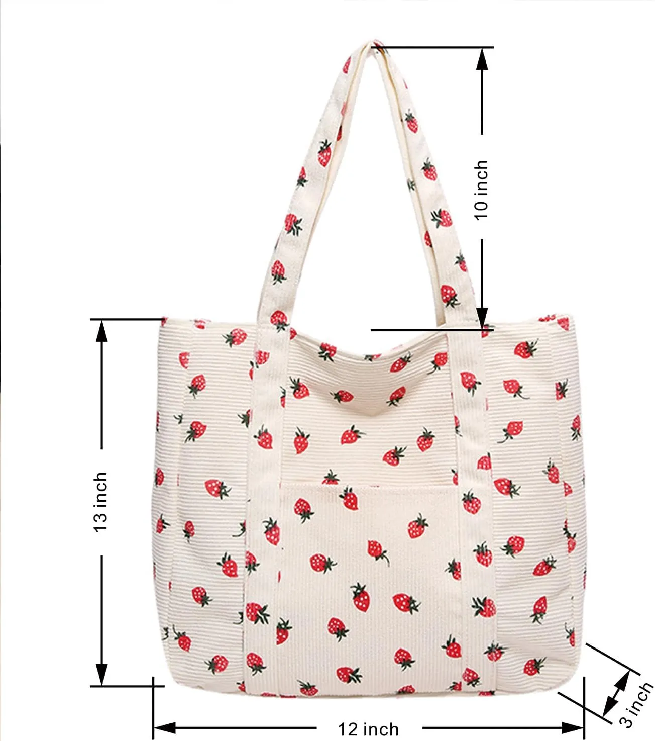 Strawberry Tote Bag With Zipper, Cute Corduroy Tote Bags For School, Large Work Bags For Women