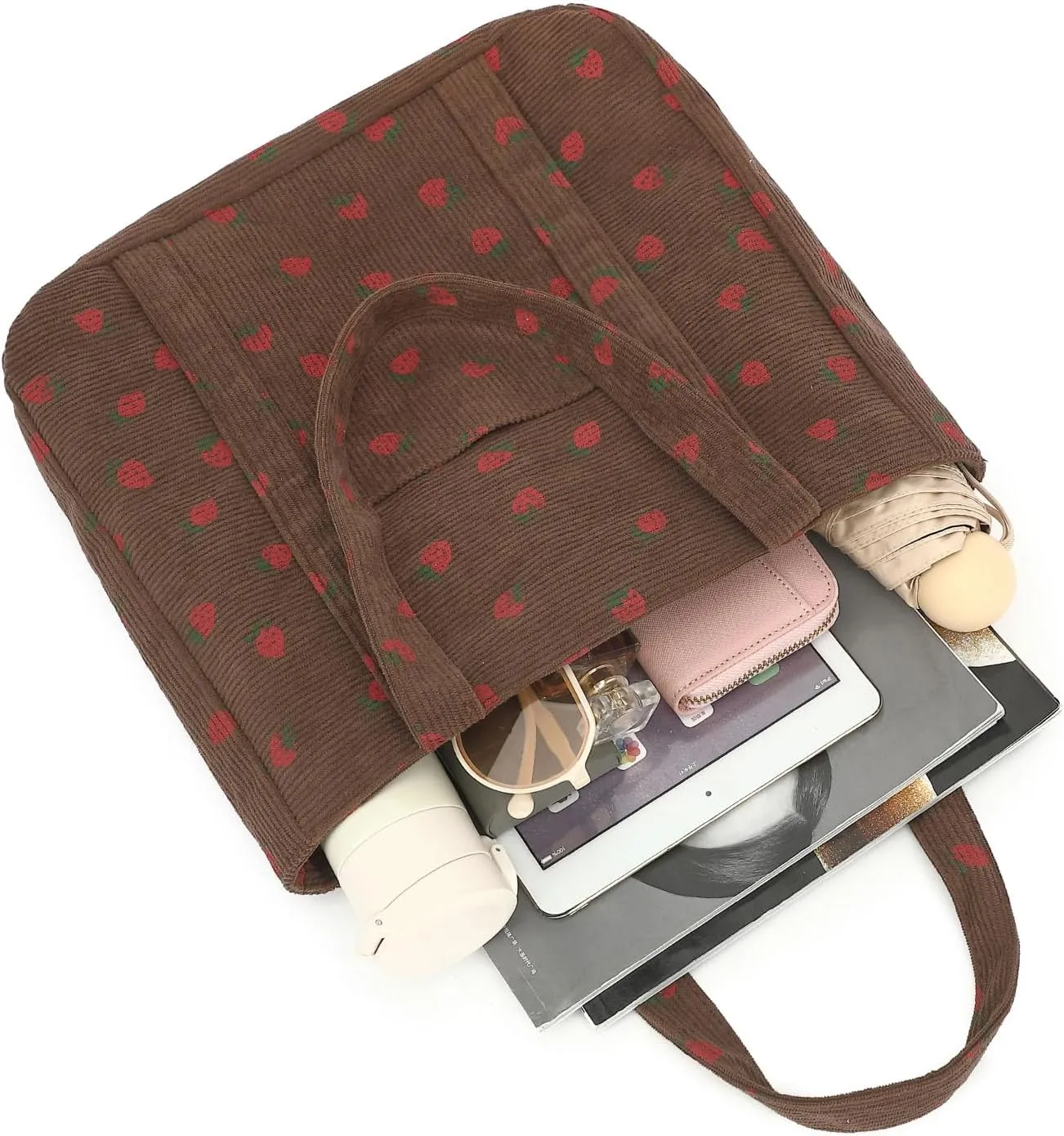 Strawberry Tote Bag With Zipper, Cute Corduroy Tote Bags For School, Large Work Bags For Women