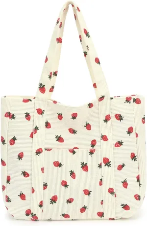 Strawberry Tote Bag With Zipper, Cute Corduroy Tote Bags For School, Large Work Bags For Women