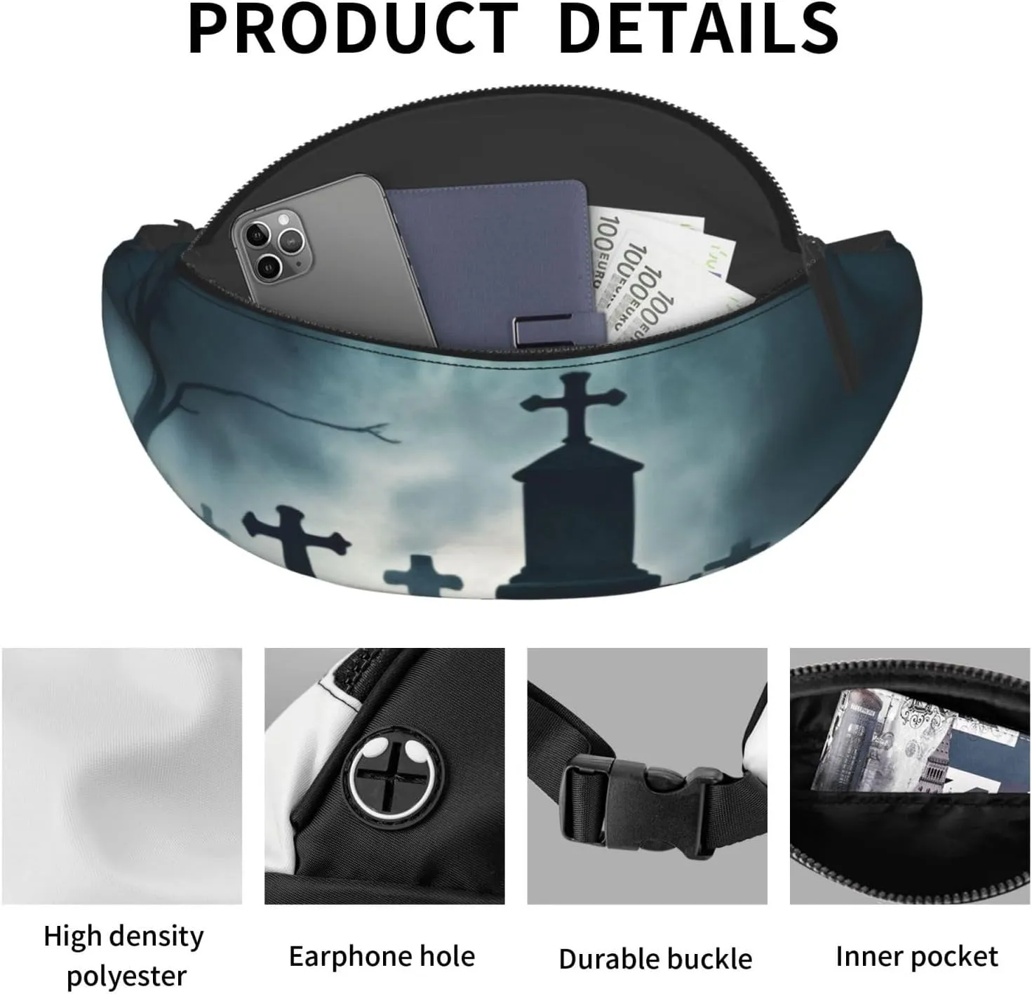 Stylish 3d Horror Ghost Skull Bumbags Waist Fanny Pack For Women Ladies Men Lightweight Bum Bag With Zip Pockets Adjustable Belt For Dog Walking Running Cycling Hiking Outdoor Sport