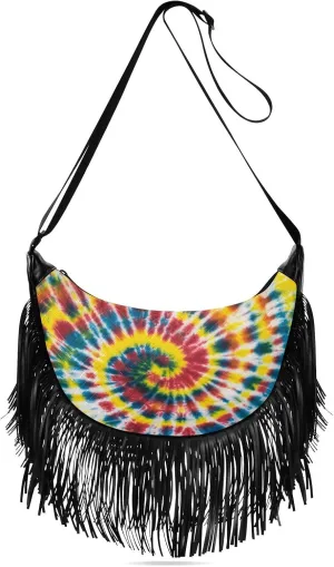 Stylish-bright-tie-dye-pattern Women Tassel Fringe Shoulder bag, Fringe Purse Crossbody, Women Tassel Hobo Bag with Zipper