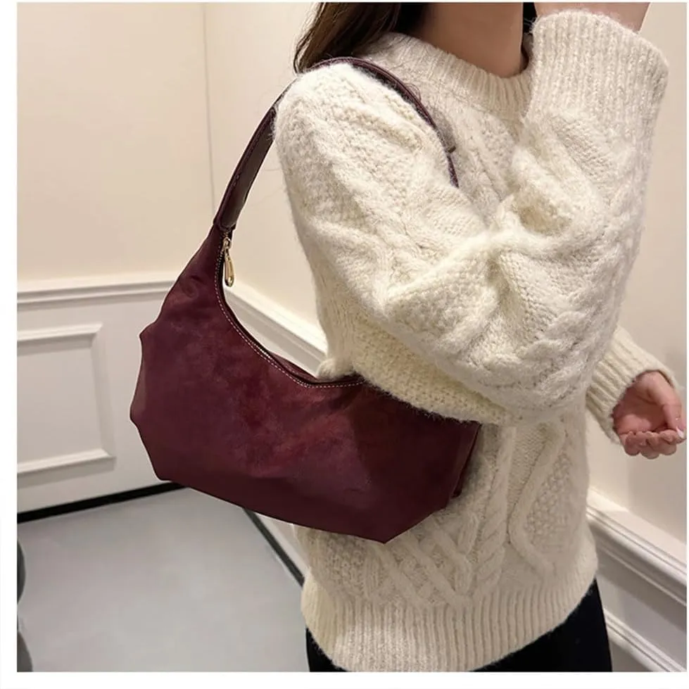 Suede Crescent Tote Bag for Women Half Moon Hobo Shoulder Bag Faux Suede Slouchy Crescent Handbag Vintage Suede Purse