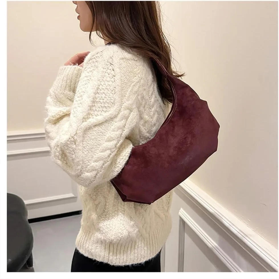 Suede Crescent Tote Bag for Women Half Moon Hobo Shoulder Bag Faux Suede Slouchy Crescent Handbag Vintage Suede Purse