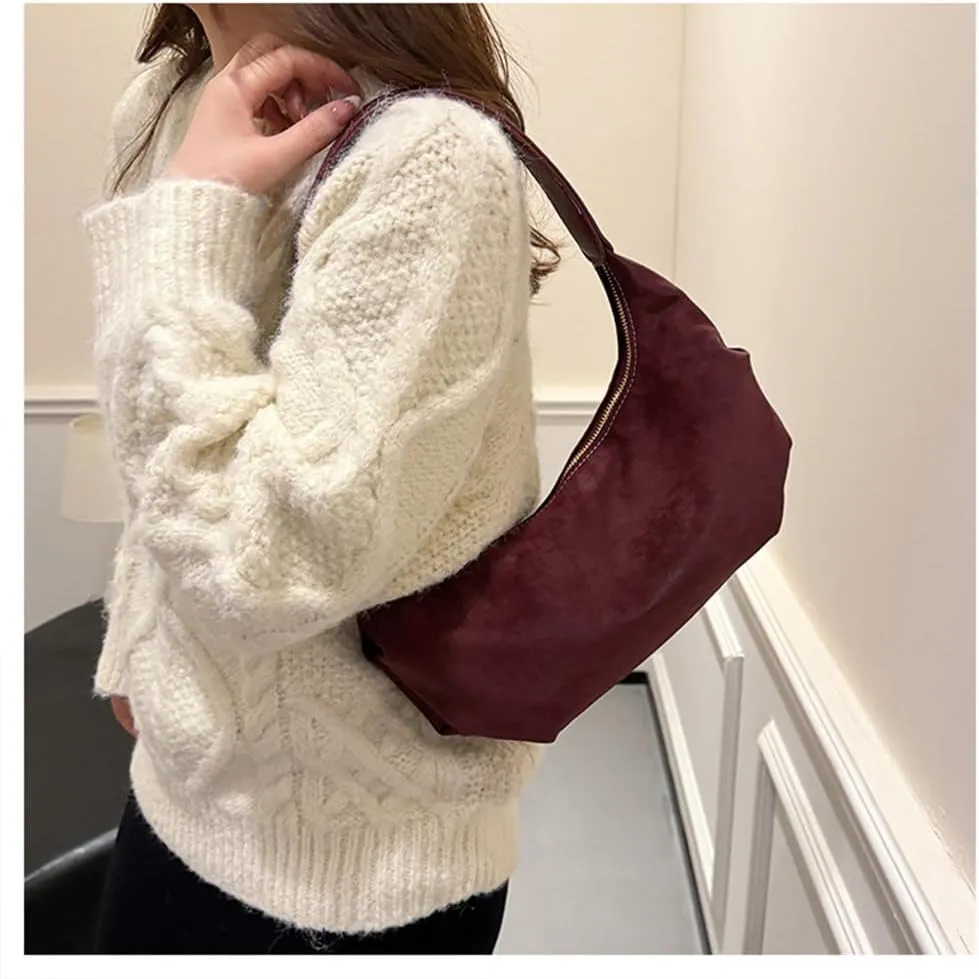 Suede Crescent Tote Bag for Women Half Moon Hobo Shoulder Bag Faux Suede Slouchy Crescent Handbag Vintage Suede Purse