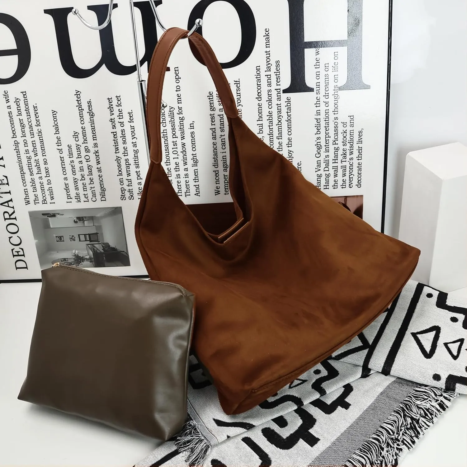 Suede Hobo Bag for Women-Suede Purse Slouchy Brown Tote Handbag, Large Shoulder bag for Travel and Work