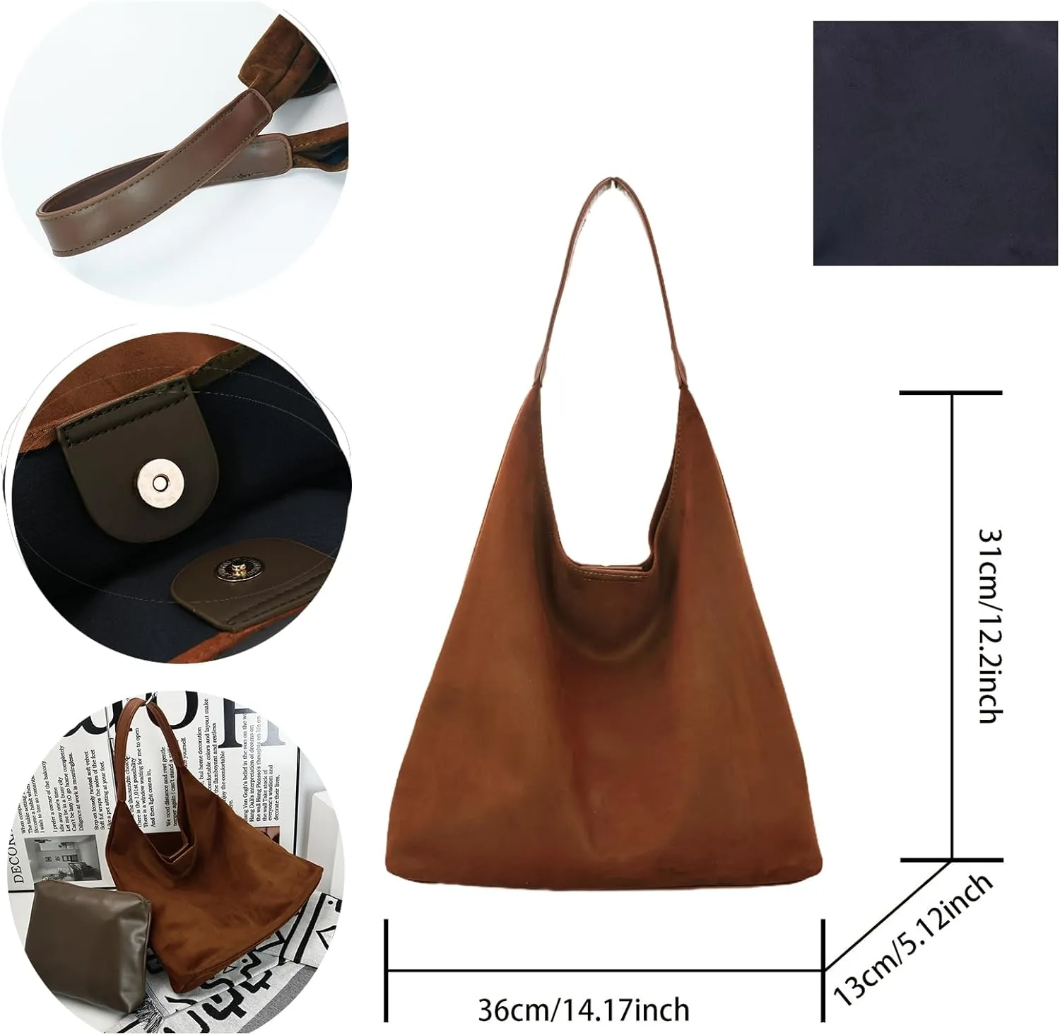 Suede Hobo Bag for Women-Suede Purse Slouchy Brown Tote Handbag, Large Shoulder bag for Travel and Work