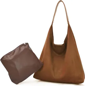 Suede Hobo Bag for Women-Suede Purse Slouchy Brown Tote Handbag, Large Shoulder bag for Travel and Work